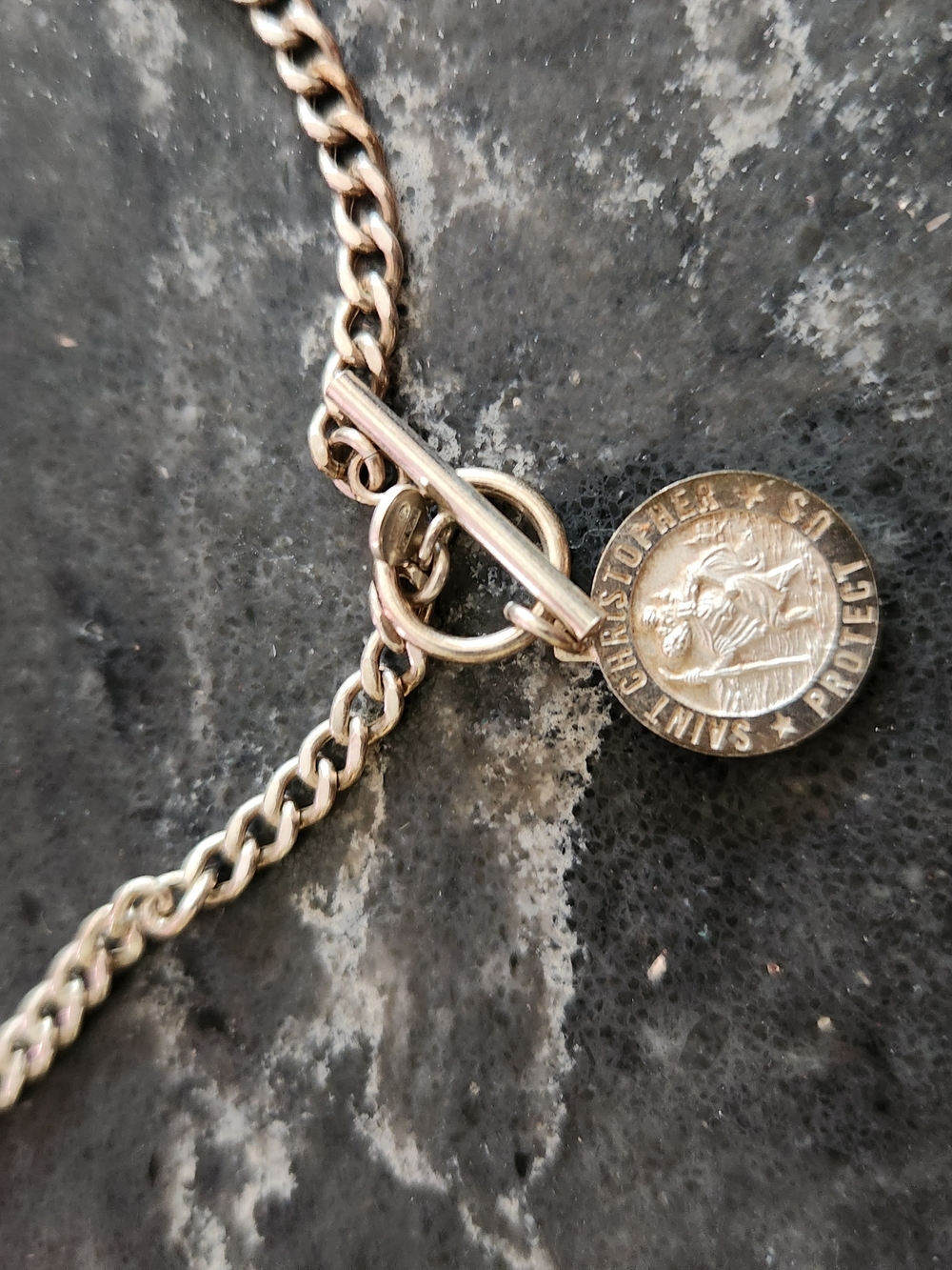 Silver Toggle Chain Necklace with Saint Charm - Silver